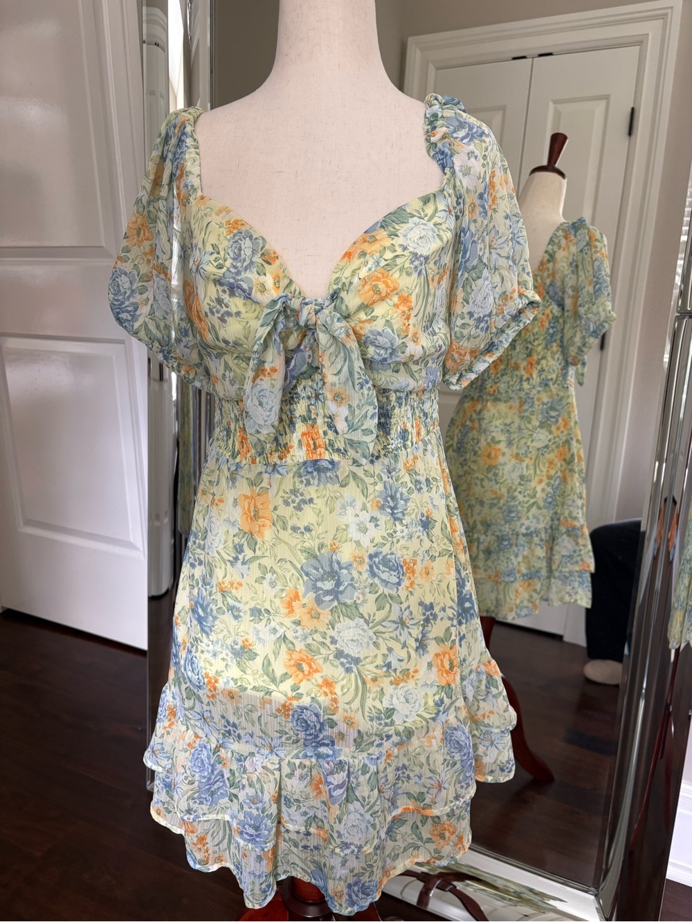 Lost + Wander Floral Tie-Front Puff Sleeve Mini Dress - Yellow Blue Orange